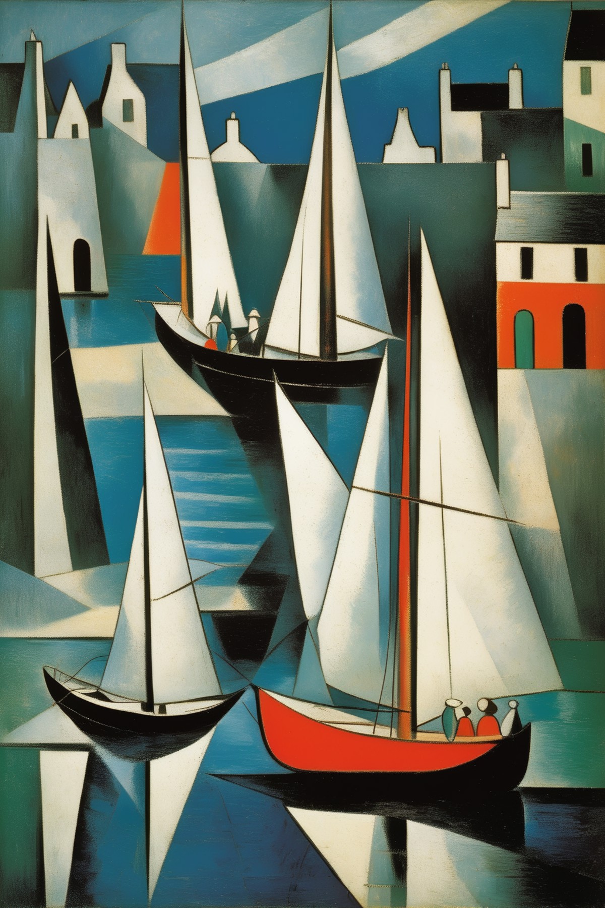 <lora:Lyonel Feininger Style:1>Lyonel Feininger Style - 102469. A painting by Pablo Picasso. A painting of sailing boats i...